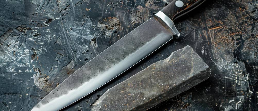Kräutermesser im Test: Messer liegt neben Schärfstein