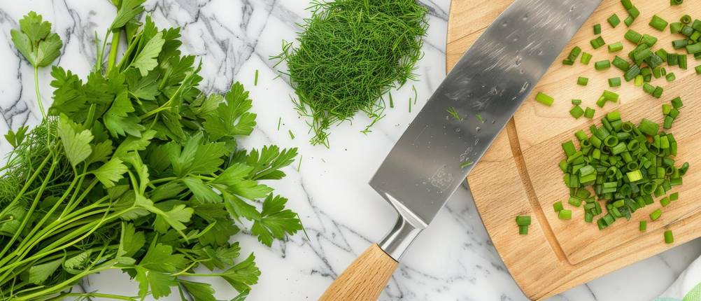 Kräutermesser im Test: Messer mit Schnittlauch, Petersilie und Dill auf Brett
