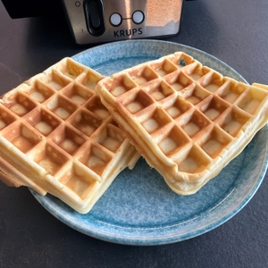 Zwei fertige Waffeln aus dem Krups FDK 251 liegen auf einem Teller