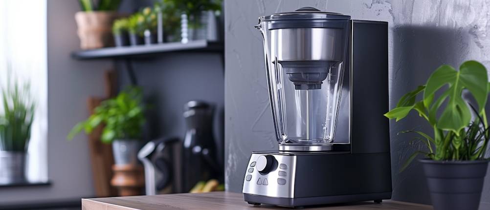 Krups-Standmixer im Test: Ein schwarzer Standmixer steht auf einer Holzarbeitsfläche in einer modernen Küche mit weiteren schwarzen Küchen-Gefäßen.