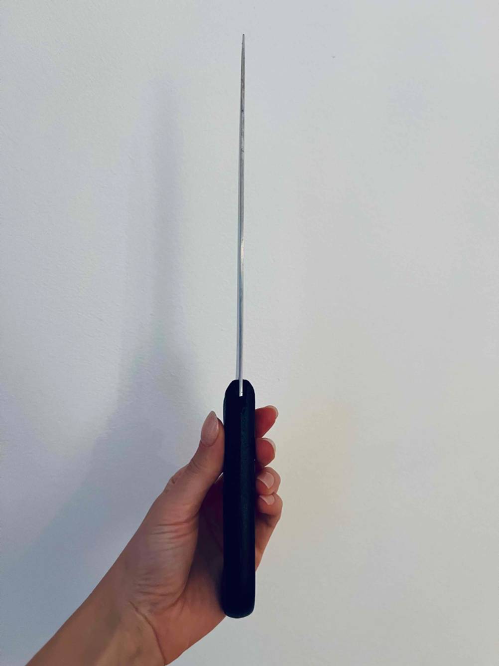 Eine Hand hält ein getestetes Küchenmesser mit scharfer Klinge.