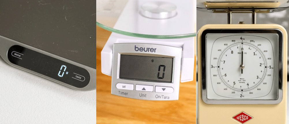 Drei verschiedene Displays von Küchenwaagen in drei einzelnen Bildern nebeneinander.
