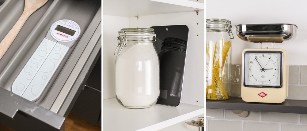 Drei Bilder von analogen sowie digitalen Küchenwaagen nebeneinander.