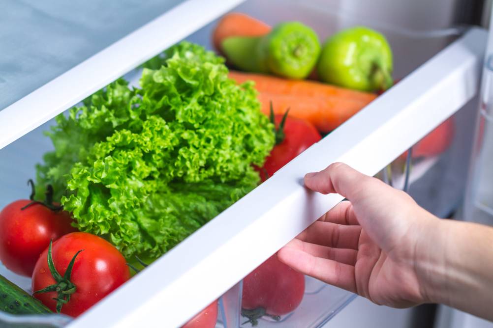 Kühlschrank mit Gefrierfach freistehend im Test: Eine Hand öffnet eine Gemüseschublade, in der Tomaten, Salat, Paprika, Gurke und Möhren zu sehen sind.