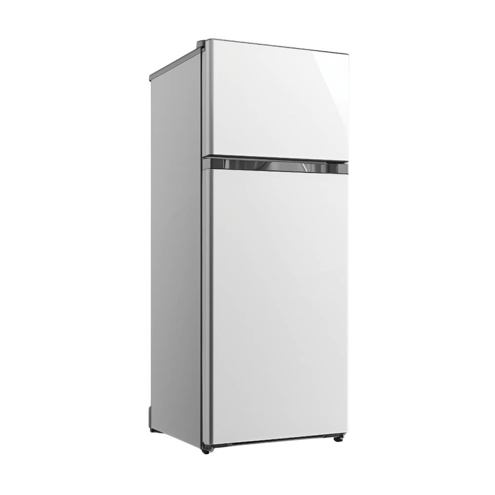 Kühlschrank mit Gefrierfach freistehend im Test: Großer freistehender Kühlschrank mit Gefrierfach in Weiß auf neutralem Hintergrund.