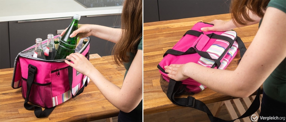 Wasserflaschen in die Kühltasche legen, im zweiten Bild wird eine Kühltasche gefaltet