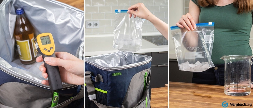 Temperaturmessung in einer Kühltasche und Wasserbeutel mit Eiswürfeln