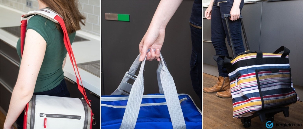 Tragemöglichkeiten bei einer Kühltasche, hängend, tragend oder als Rollvariante