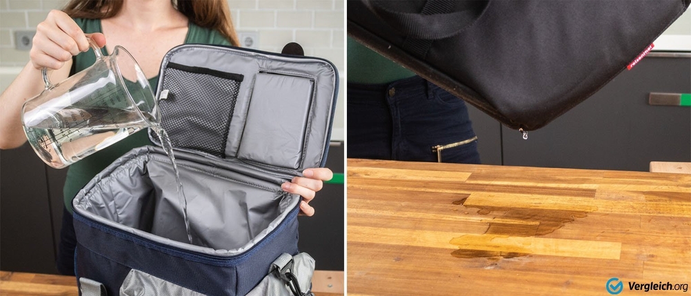 Wasser in eine Kühltasche gießen. Nicht wasserdichte Tasche tropft.