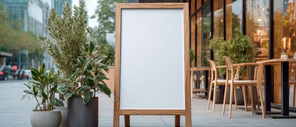 Kundenstopper-Test: Ein Kundenstopper aus hellem Holz steht vor einem Restaurant mit ebenfalls hellen Holzmöbeln.