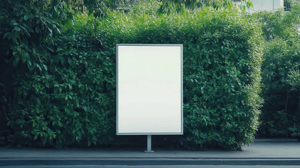 Kundenstopper-Test: Ein Alu-Kundenstopper steht im urbanen Raum vor einer Hecke.