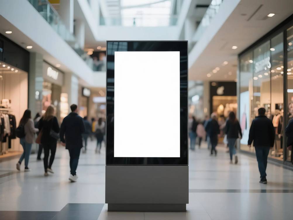 Kundenstopper-Test: Ein digitaler Kundenstopper steht in einem Einkaufszentrum.