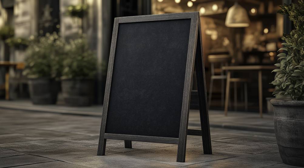 Kundenstopper-Test: Ein Kundenstopper aus dunklem Holz steht vor einem Restaurant.