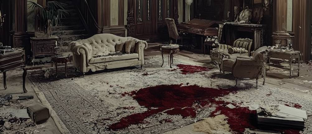 Kunstblut im Film getestet: Ein Herrenzimmer mit weißen Möbeln ist voll mit Blut.