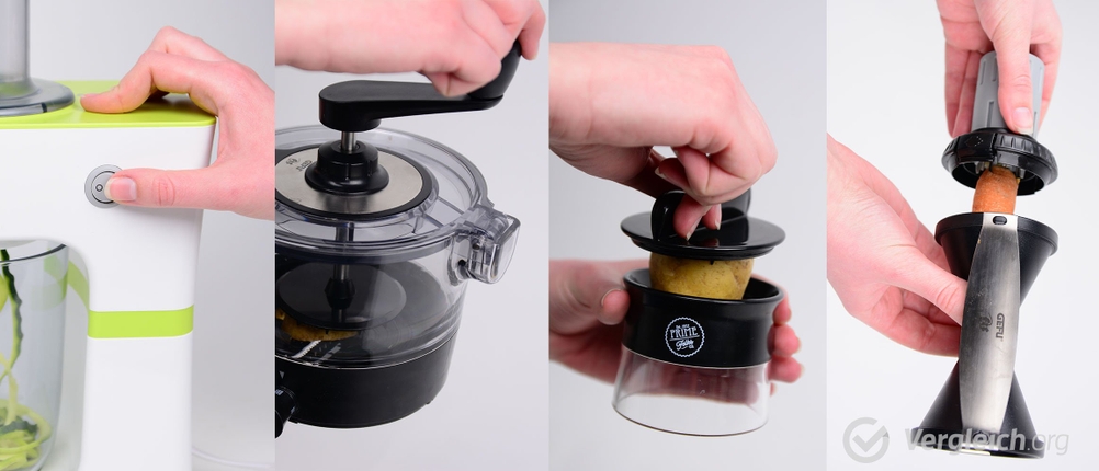 Collage aus vier Bildern, die verschiedene Bedienungsmethoden von Spiralschneidern zeigen.