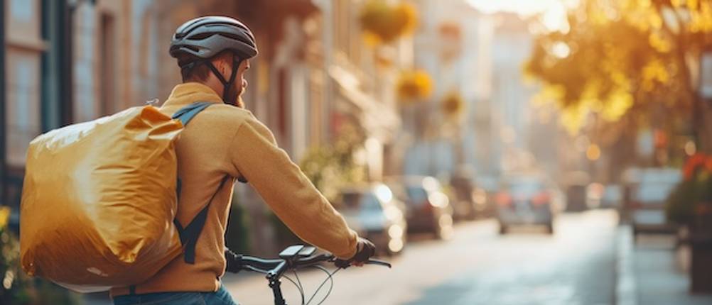 Ein gelber Kurier-Rucksack von einem Fahrradkurier im Herbst getestet.