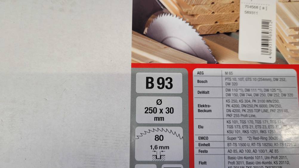 Nahaufnahme der Rückseite eines Kreissägeblattes in 250x30 mm mit Informationen.