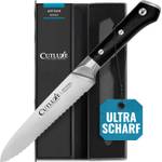 Lachsmesser-Test: Cutluxe Wellenschliff mit Verpackung vor weißem Hintergrund.