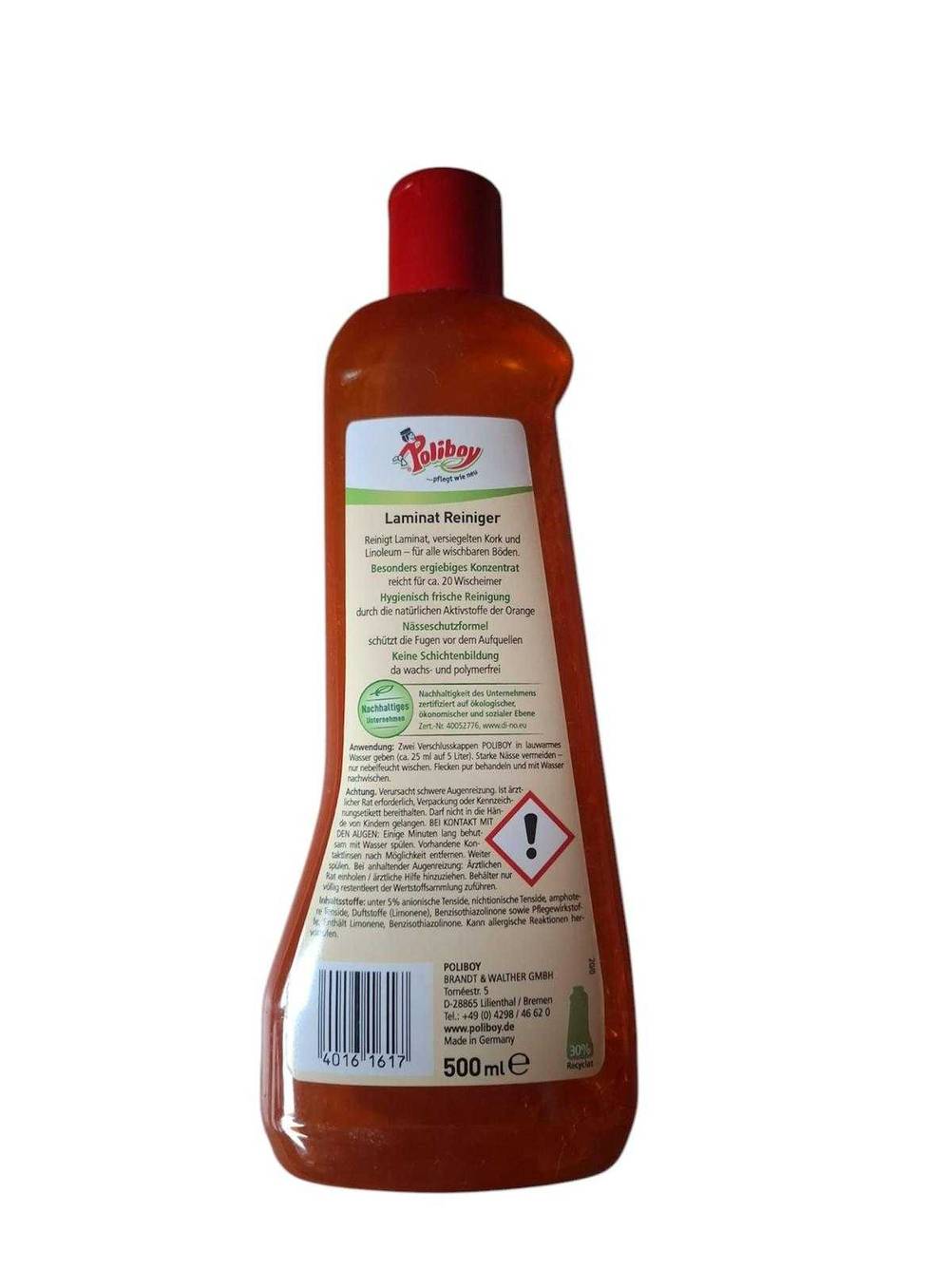 Rückseite der Flasche der Laminatpflege im Test.