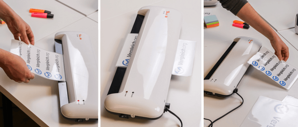 Collage zeigt das Laminieren eines Blattes in drei Bildern.