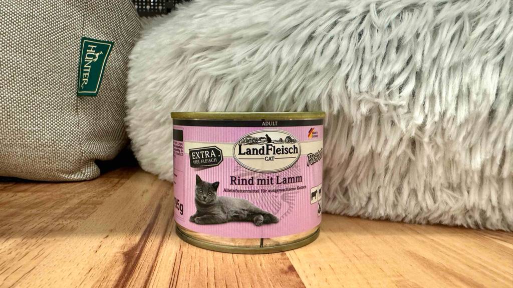 Eine Dose Landfleisch-Katzenfutter steht zum testen vor einem weißen Flauschkissen.