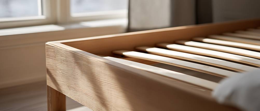 Lattenrost-Test: Ein Lattenrost aus Holz ist in einen modernen Bettrahmen aus Holz eingelegt.