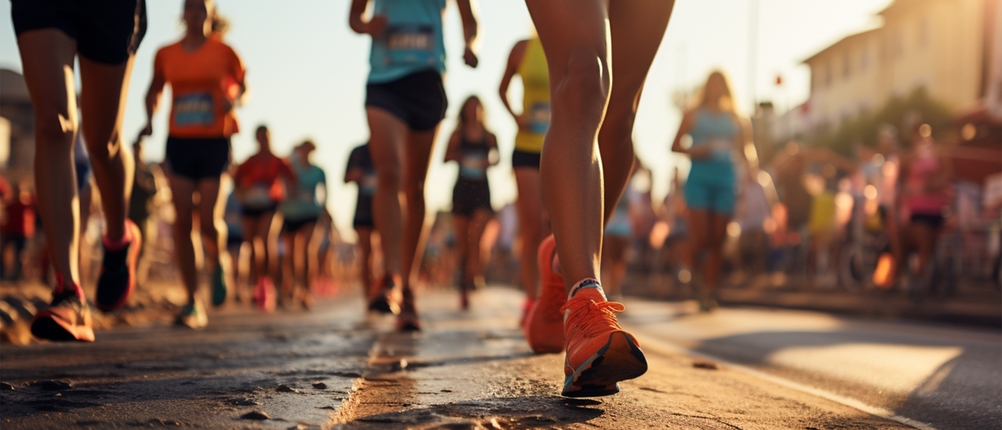 Laufschuhe für Damen im Test: mehrere Personen laufen einen Marathon, Bildfokus auf die Beine und das Schuhwerk