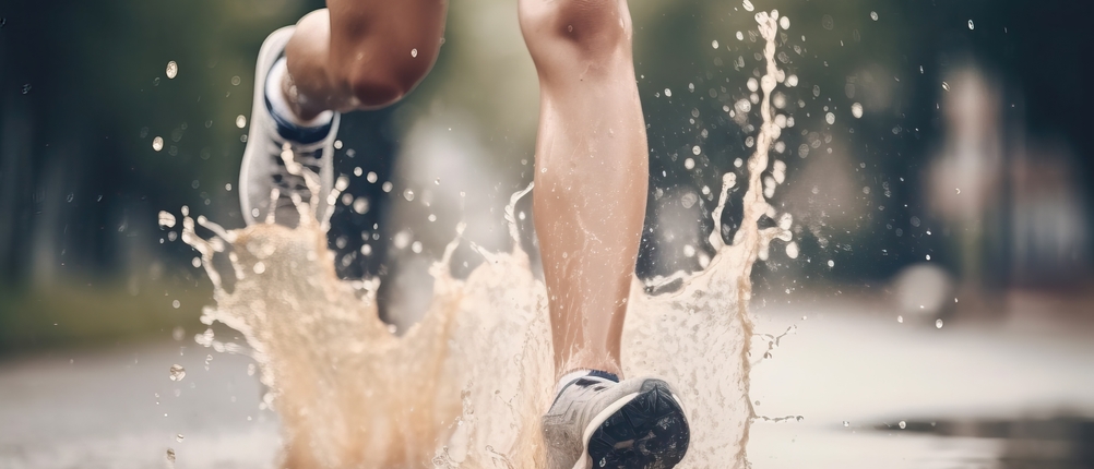 Laufschuhe für Damen im Test: Nahaufnahme von Beinen samt Laufschuhen, die durch eine Pfütze laufen