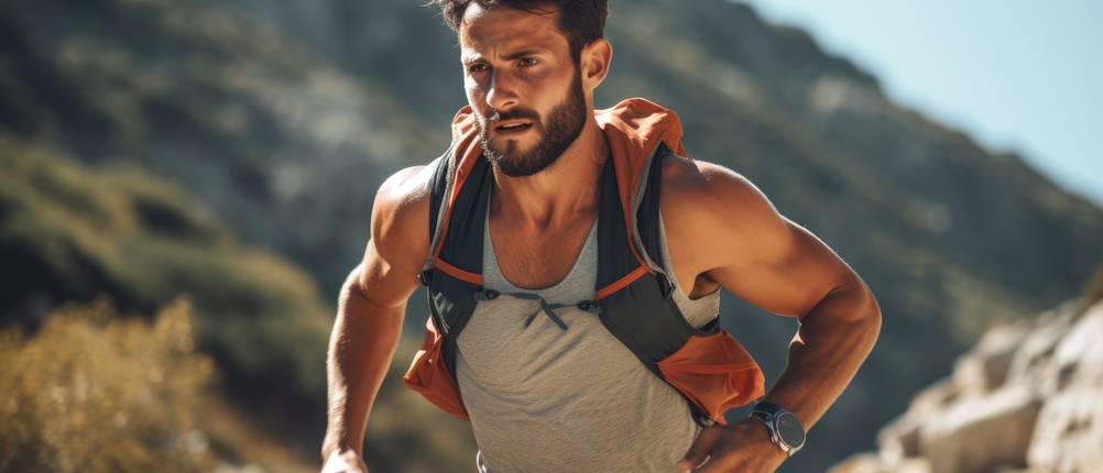 Laufweste für Herren im Test: männlicher Sportler mit Laufweste, der im Sommer auf einem Bergpfad läuft