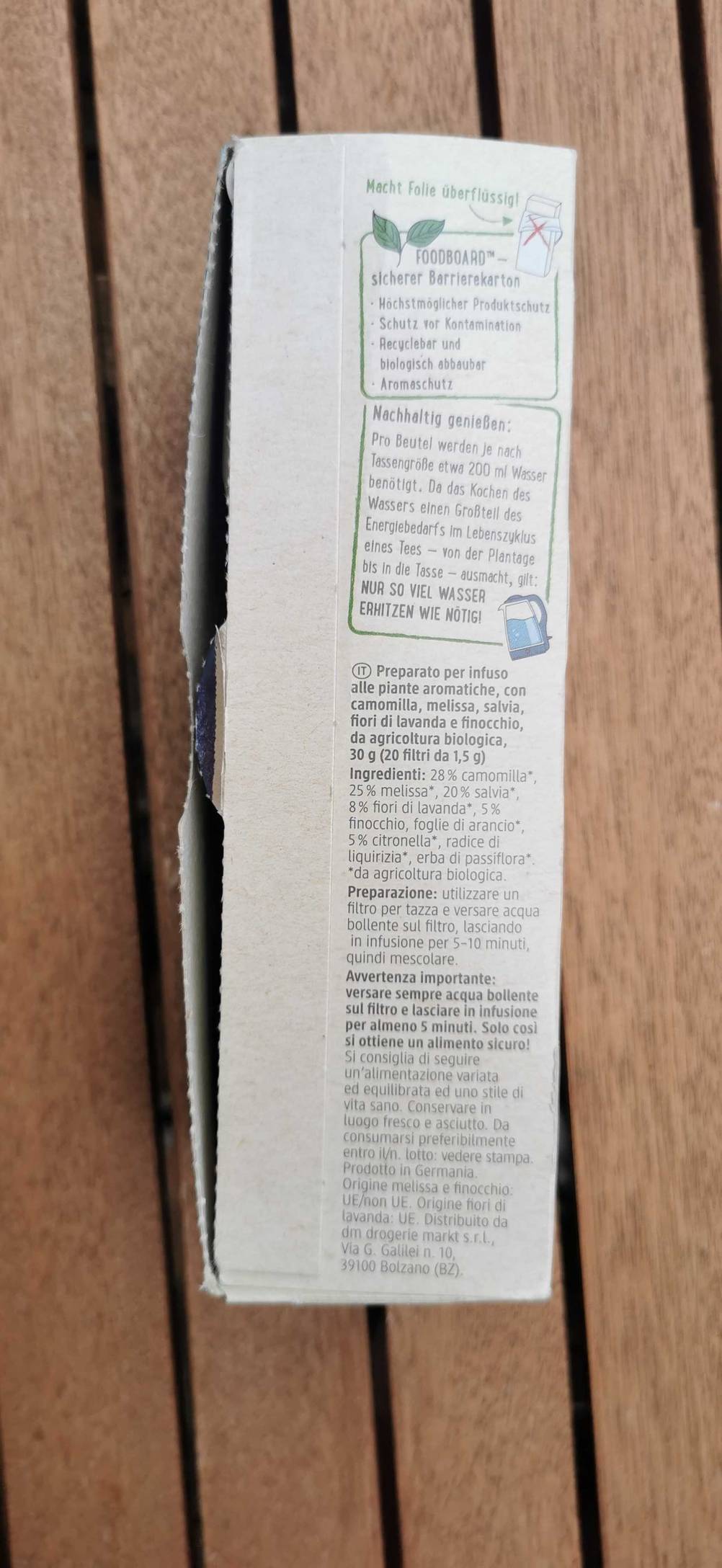 Lavendeltee getestet: Rückseite der Packung mit Informationen.