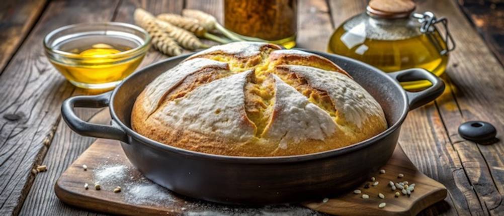 Le-Creuset-Bräter im Back-Test: Ein frisches Brot befindet sich in einem schwarzen Bräter, der auf einem Holzbrett steht.