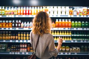 Lebensmittel online getestet: Eine Frau steht vor dem Kühlregal eines Supermarkts.
