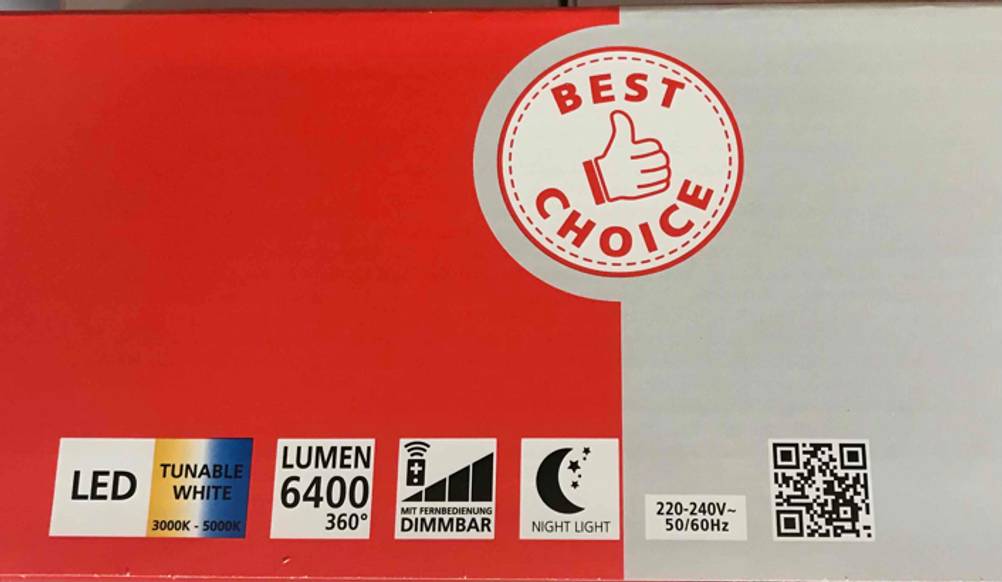 Verpackung mit Informationen über die Eigenschaften von einer getesteten LED-Deckenleuchte- mit Bewegungsmelder.