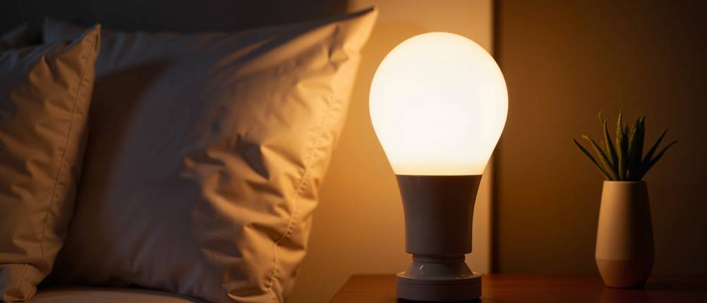 LED-E14-dimmbar-Test: Eine dimmbare LED-Lampe mit warmweißen Licht steht in einer Fassung auf einem Nachttisch.