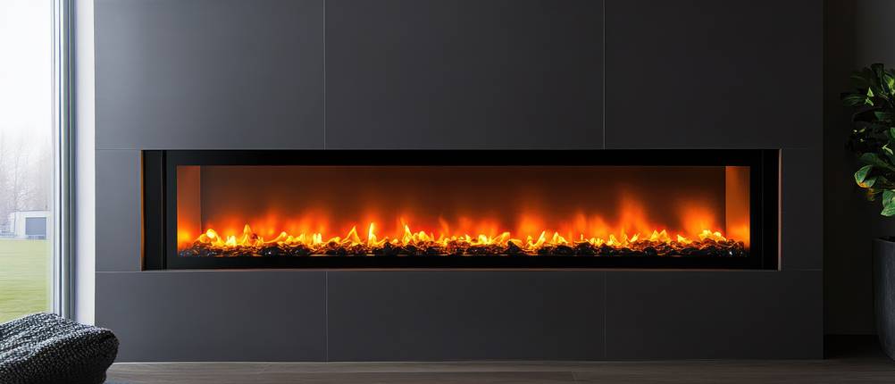 LED-Kamin-Test: Ein Einbau-Elektrokamin in einem modernen Raum zeigt ein täuschend echtes Flammenspiel.
