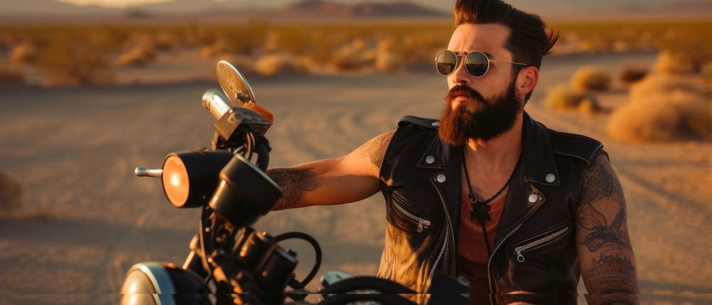 Lederkutten-Test: Junger Mann in Lederkutte auf einem Motorrad.