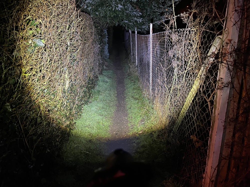 Ein schmaler Weg wird bei Nacht von der Ledlenser H7R Core ausgeleuchtet. Der Lichtkegel erhellt gleichmäßig den Pfad sowie die angrenzende Hecke und den Zaun.