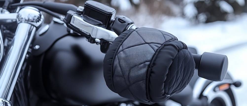 Nahaufnahme von getesteten Motorrad-Lenkerstulpen an einem Motorrad im Winter.