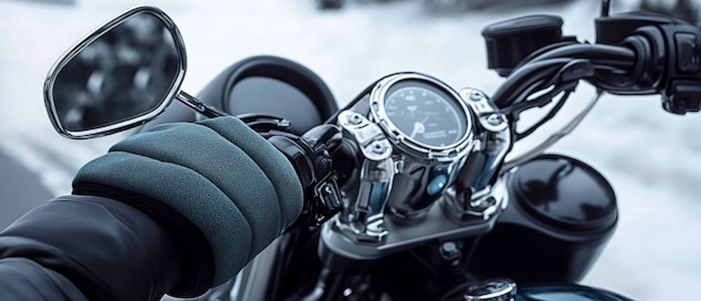 Motorrad-Lenkerstulpen getestet: Nahaufnahme von Lenkerstulpen an einem Motorrad im Winter.