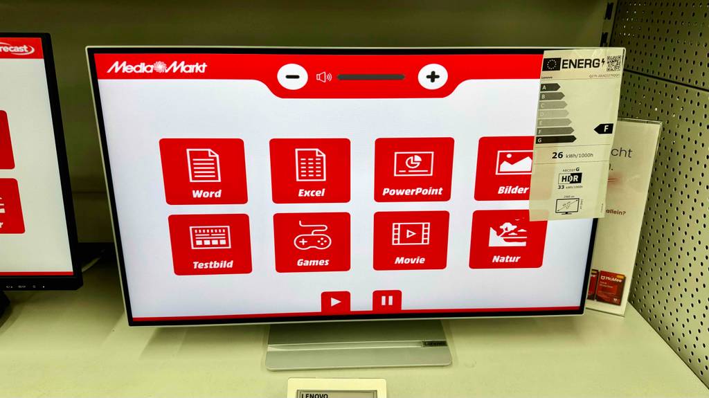 Frontansicht eines mit Testbild versehenen Grafik-Monitors.