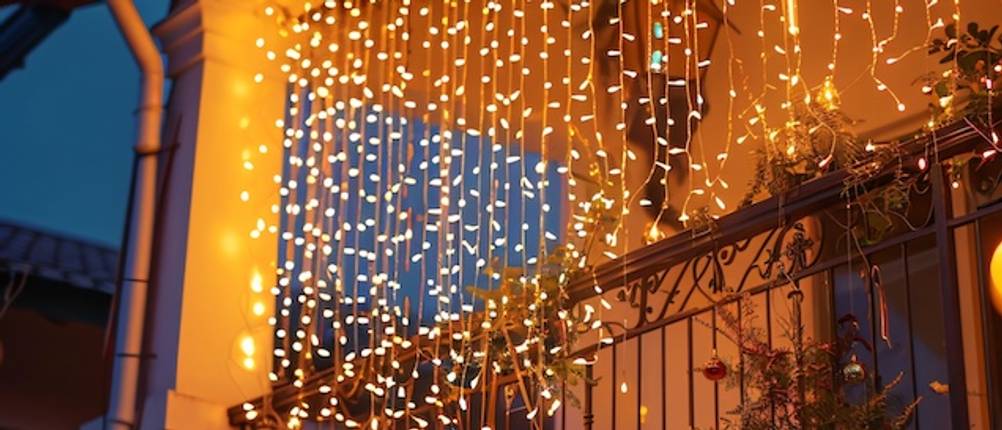 Lichtervorhang mit gelben LEDs an einem Balkon mit Eisengitter im Test.