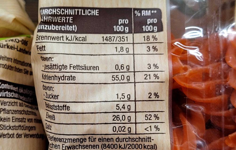 Linsennudeln-Test: Nahaufnahme der Nährwerte.