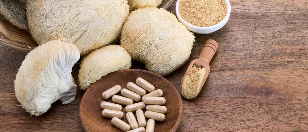 Nahrungsergänzungsmittel aus Lions Mane Pilzen in Form von Kapseln und Pulver.