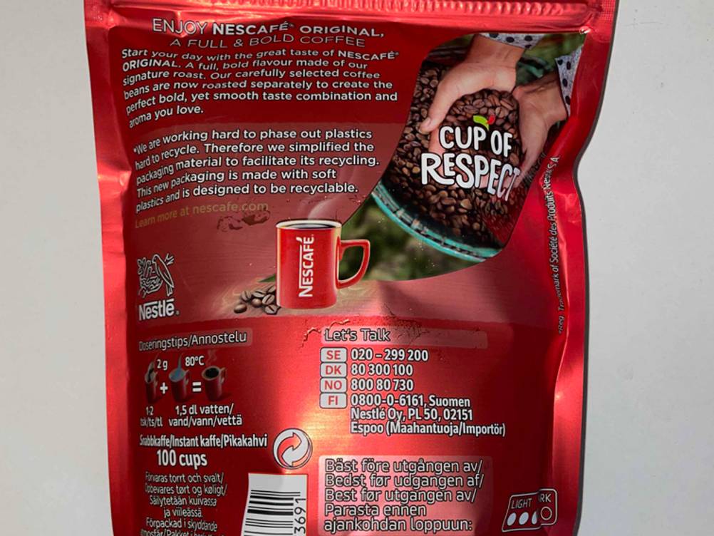Löslicher Kaffee getestet: Nahaufnahme der Rückseite mit Informationen.