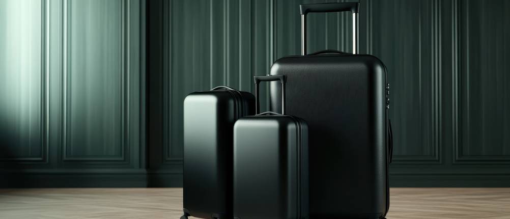 London-Fog-Koffer im Test: Set aus drei eleganten schwarzen Koffern, präsentiert in einem modernen Interieur