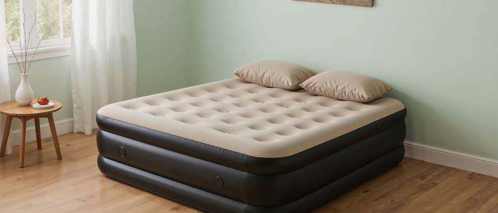 Luftbett-Test: Ein hohes Luftbett liegt in einer Wohnung in einem modernen Raum.