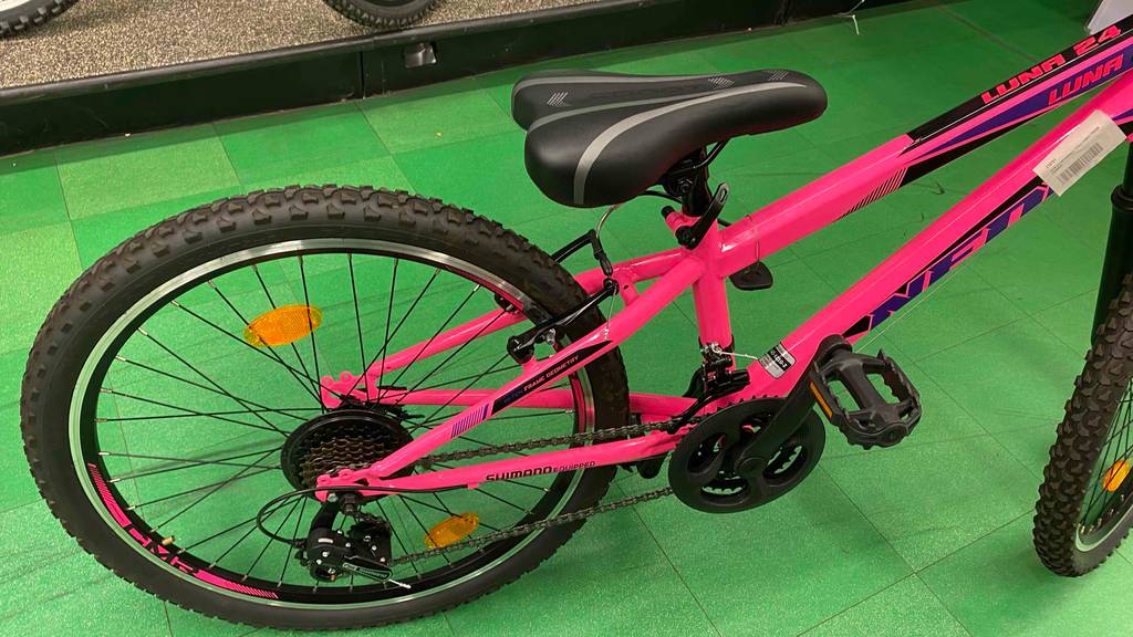 Kinder-Mountainbike getestet: Bike steht auf einem grünen Boden.