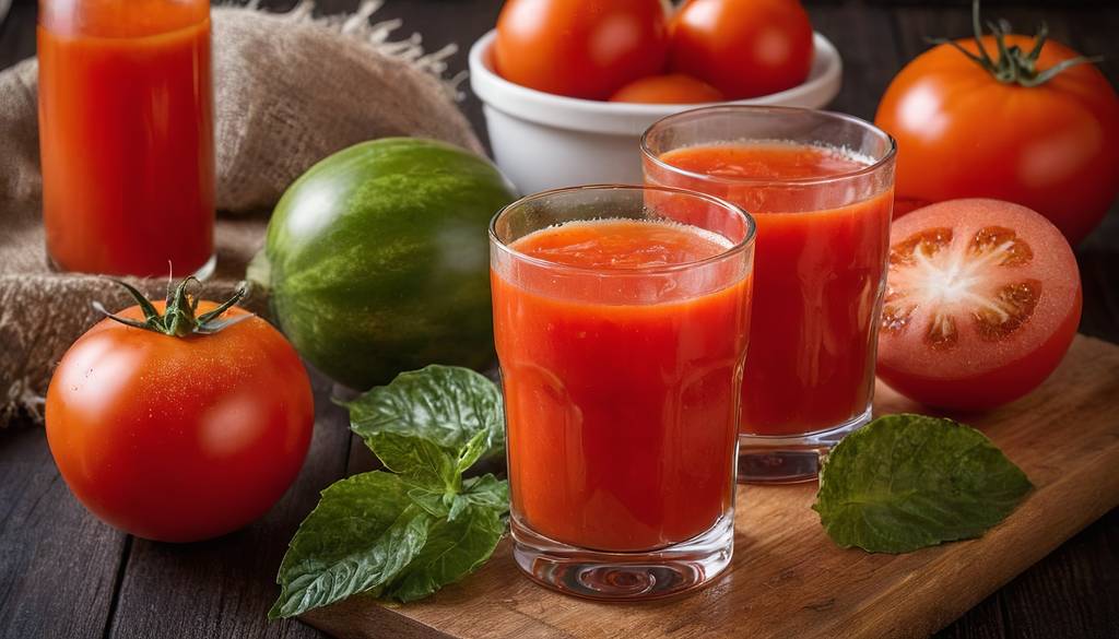 Lycopin-Kapseln-Test: Auf einem Tisch stehen ein Glas mit Tomatensaft und verschiedene Tomatensorten. 