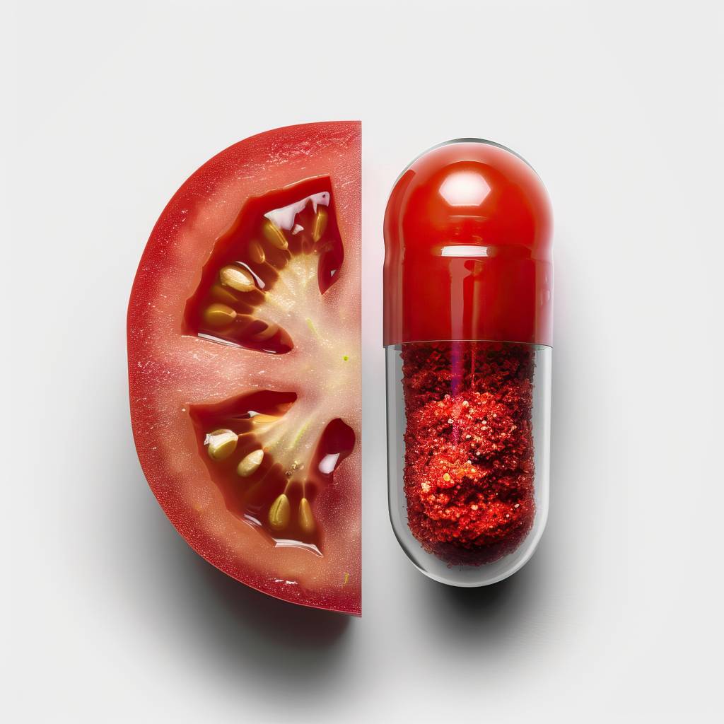 Lycopin-Kapseln-Test: Neben einer Lycopin-Kapsel liegt eine aufgeschnittene Tomate. 
