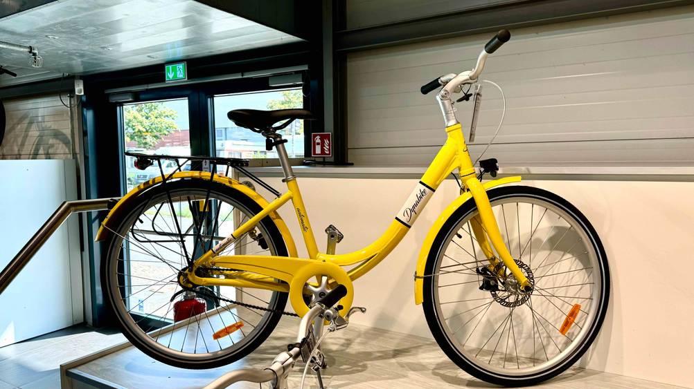 Getestet: Ein Mädchenfahrrad 26 Zoll von der Seite auf einem Bodest.